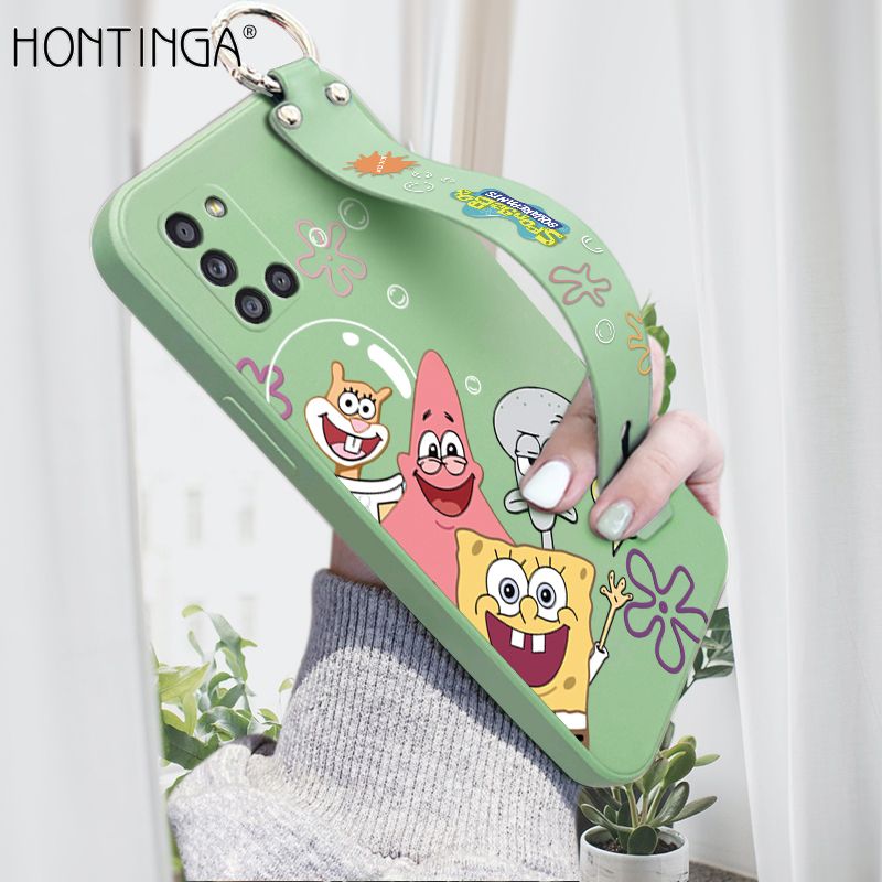 Hontinga for Samsung Galaxy A31 Wrist Strap Case Cute Cute Funny Cartoon Sponge for Square Pants Cover Square Edge Liquid Silicone Anti-drop Phone Case