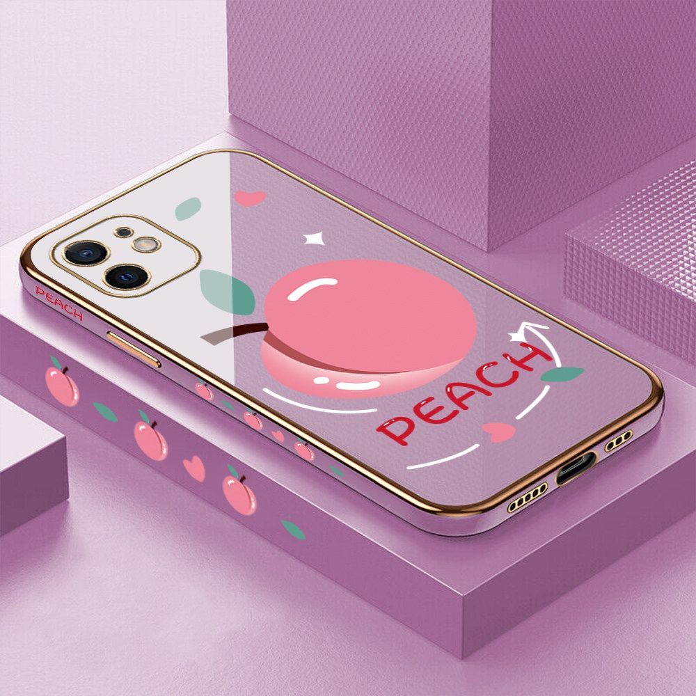 Luxury 6D Plating Case for iPhone 12 Cartoon Simple Peach Side Pattern Back Cover Soft Silicone Square Frame Shiny Bling Phone Cases + Free Lanyard