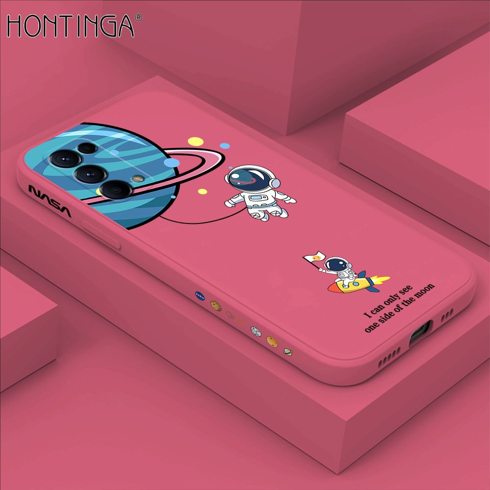 Hontinga for OPPO Reno 5 Pro 5G Case Cartoon Astronaut Side Design Back Cover Soft Square Edge Liquid Silicone Phone Cases