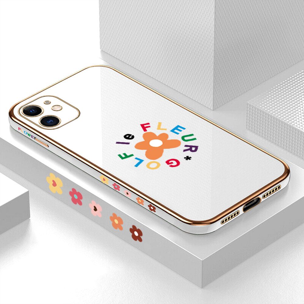 Luxury 6D Plating Case for iPhone 11 Cartoon Flower Side Pattern Back Cover Soft Silicone Square Frame Shiny Bling Phone Cases + Free Lanyard