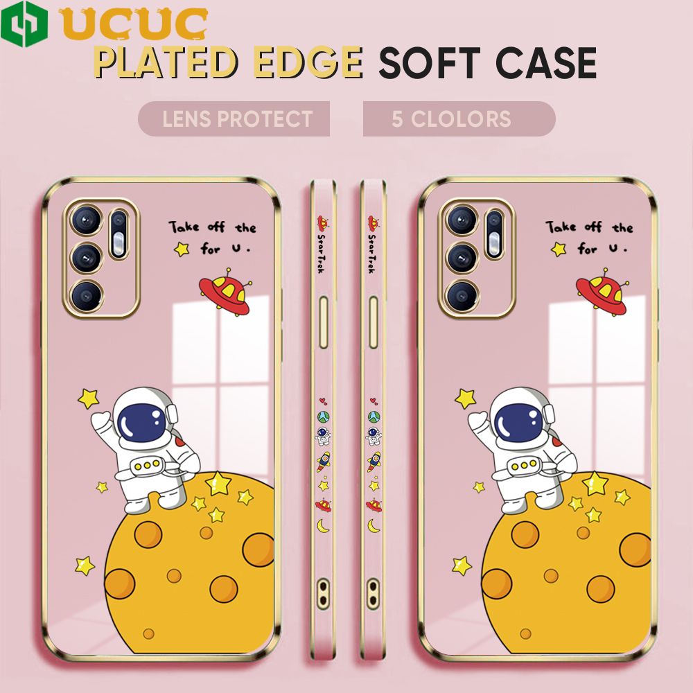 UCUC for OPPO Reno6 Cover Astronaut Planet Luxury 6D Plating Soft Casing Silicone Square Frame Phone Case Shiny Bling Back Cover + Free Lanyard