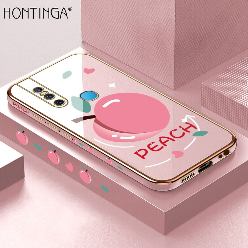 Hontinga for Vivo V15 Back Cover + Free Lanyard Luxury 6D Plating Cartoon Simple Peach Side Pattern Case Soft Silicone Square Mobile Cover
