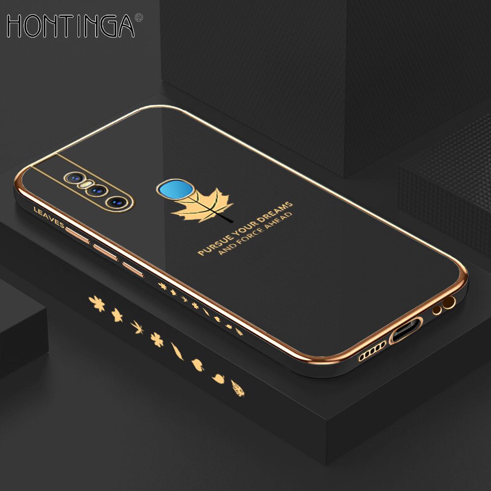 Hontinga for Vivo V15 Back Cover + Free Lanyard Luxury 6D Plating Shiny Maple leaf Phone Case Soft Silicone Square Mobile Cover