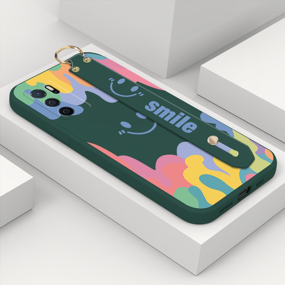 ZeroQiQi for OPPO A16 Wrist Strap Case Soft Candy Color Splash Ink Cover Trend Square Printed Pattern Liquid Silicone Phone Case