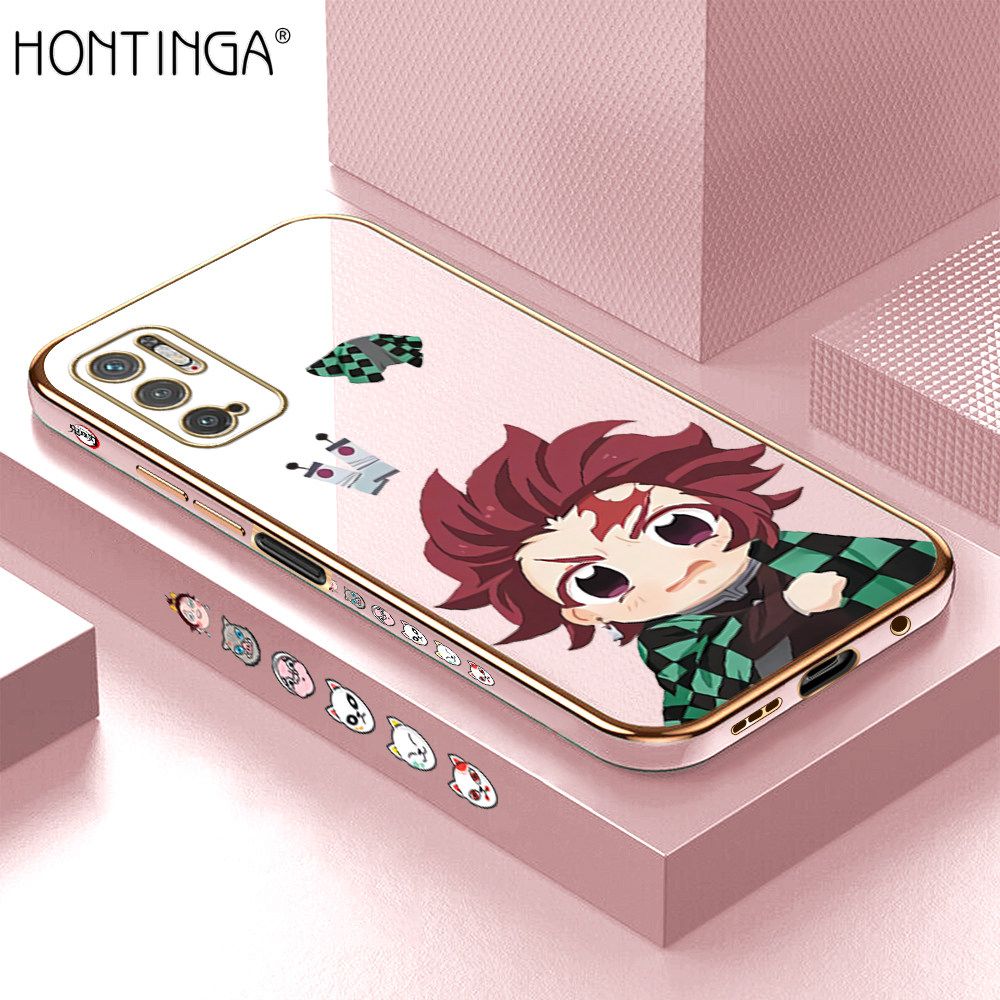 Hontinga for Xiaomi Poco M3 Pro 5G / 4G / Redmi note 10 5G Back Cover + Free Lanyard Luxury 6D Plating Cartoon Anime Tanjirou Side Pattern Case Soft Silicone Square Mobile Cover