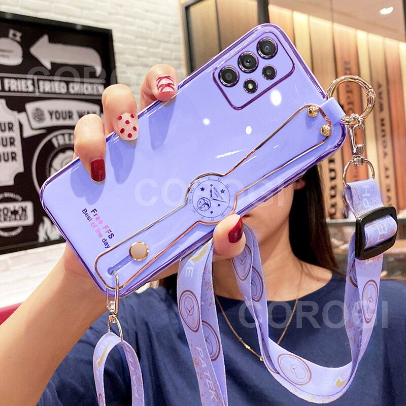 For Samsung Galaxy A52s 5G / A52 Cover with [Lanyard + Wrist Strap Stand Holder] Ultra Thin Plating Bumper Phone Case Camera Lens Protection Soft TPU Silicone Shockproof Protective Back Cover
