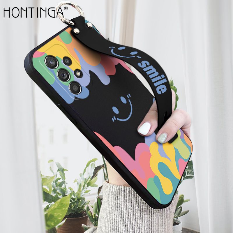 Hontinga for Samsung Galaxy A52 5G Wrist Strap Case Soft Candy Color Splash Ink Cover Trend Square Printed Pattern Liquid Silicone Phone Case