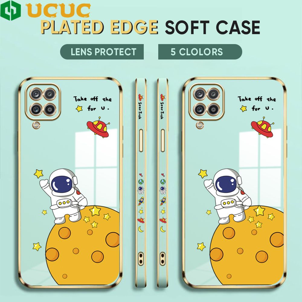 UCUC for Samsung Galaxy M12 Cover Astronaut Planet Luxury 6D Plating Soft Casing Silicone Square Frame Phone Case Shiny Bling Back Cover + Free Lanyard
