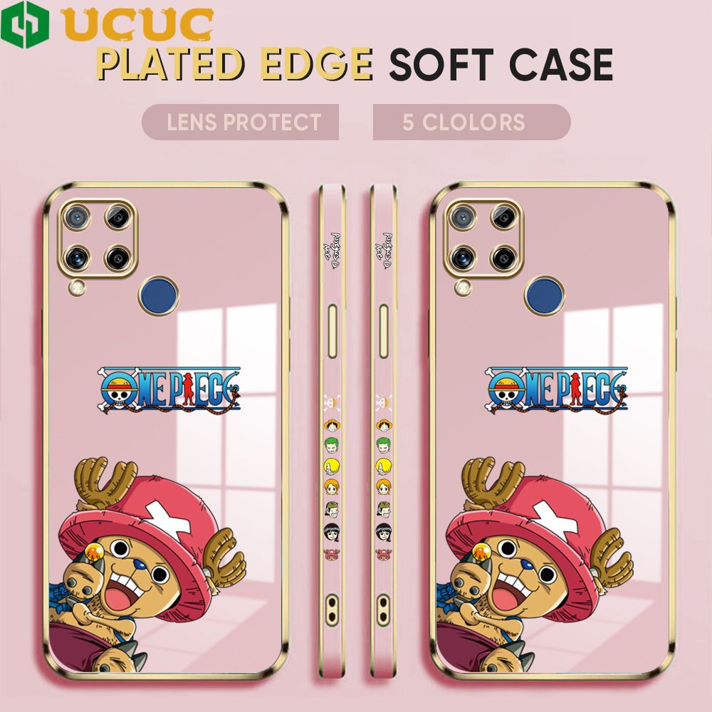UCUC for Realme C15 Cover Blue Wave Ball Chopper Luxury 6D Plating Soft Casing Silicone Square Frame Phone Case Shiny Bling Back Cover + Free Lanyard