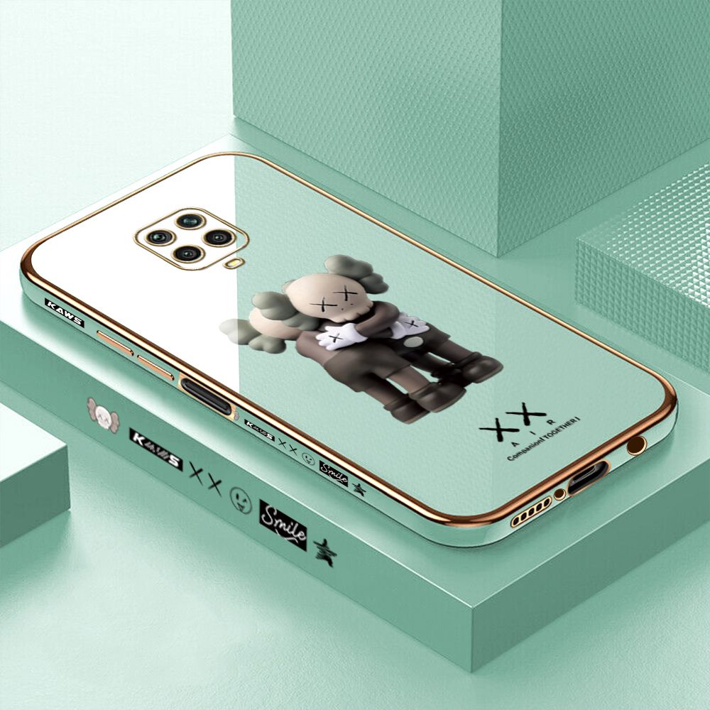 Luxury 6D Plating Case for Xiaomi Redmi Note 9 Pro Cute Cartoon Hugging Bear Side Pattern Back Cover Soft Silicone Square Phone Cases + Free Lanyard