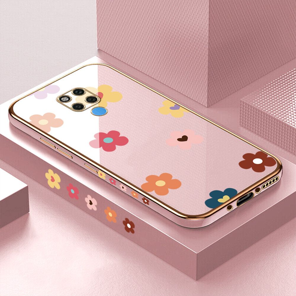 Luxury 6D Plating Case for Huawei Mate 20 X Color Cartoon Flowers Side Pattern Back Cover Soft Silicone Square Frame Shiny Bling Phone Cases + Free Lanyard