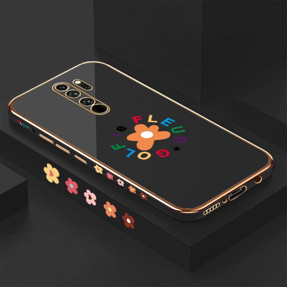 Luxury 6D Plating Case for Redmi Note 8 Pro Cartoon Flower Side Pattern Back Cover Soft Silicone Square Frame Shiny Bling Phone Cases + Free Lanyard