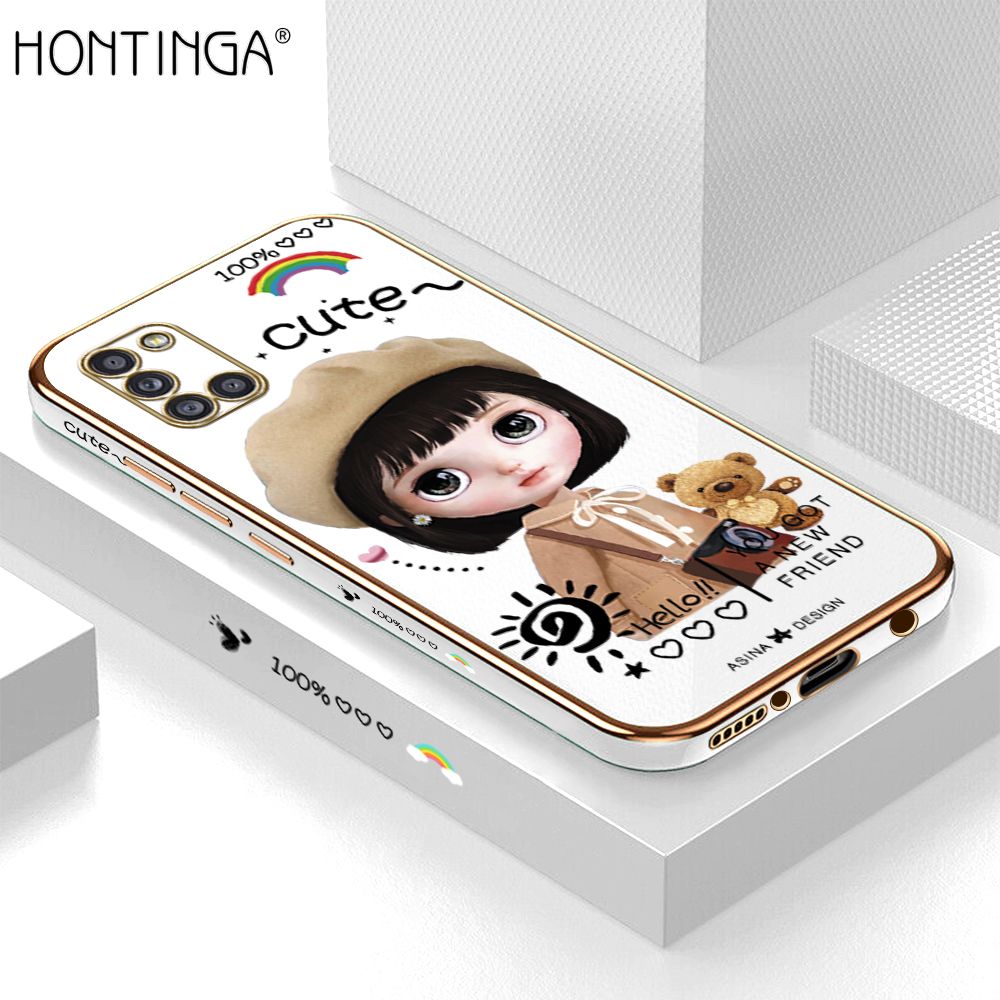 Hontinga for Samsung A31 Back Cover + Free Lanyard Luxury 6D Plating Cartoon Satchel Girl Side Pattern Case Soft Silicone Square Mobile Cover
