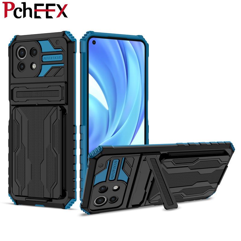 For Xiaomi Mi 11 Lite Phone Case Armor Hard Military Grade Bumper Slot Card Kickstand Cover
