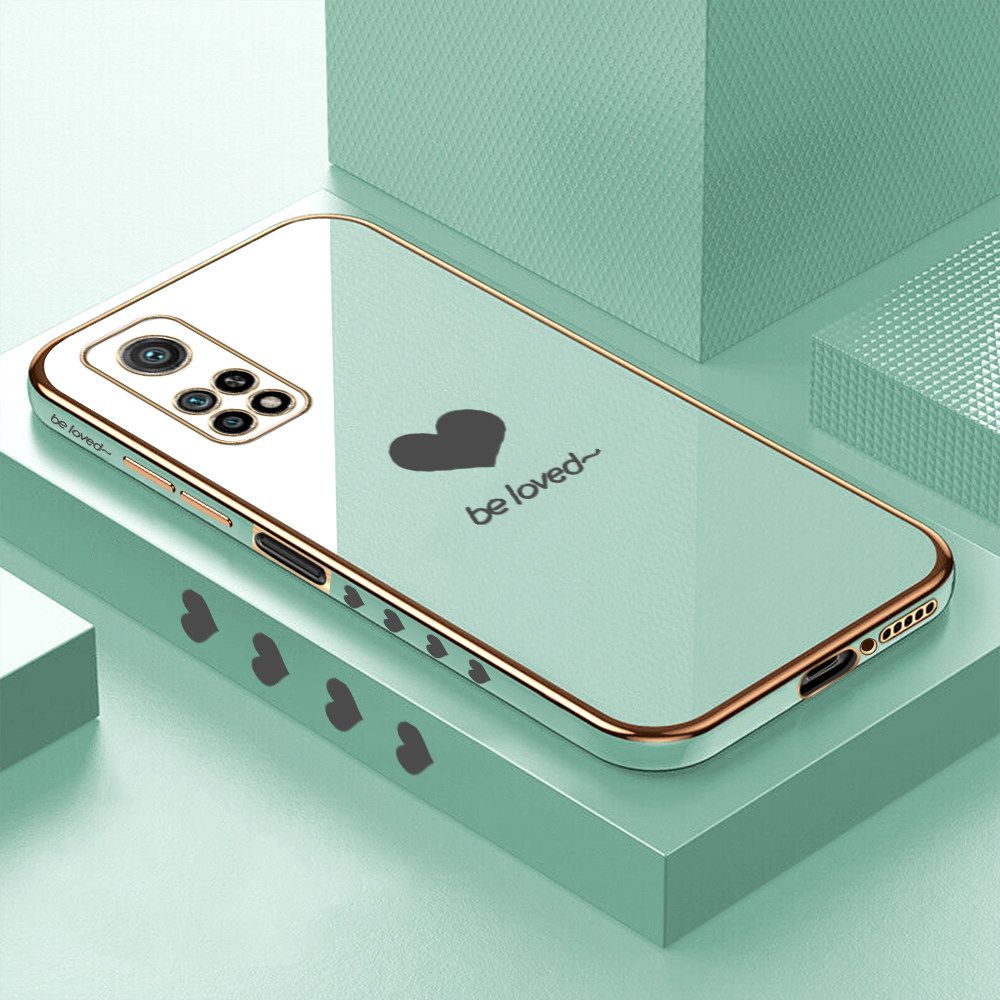 Luxury 6D Plating Soft Casing Silicone Square Frame Phone Case For Xiaomi 10T Case Shiny Bling Back Cover Lover Heart Square Edge Pattern Design Soft Case + Free Lanyard