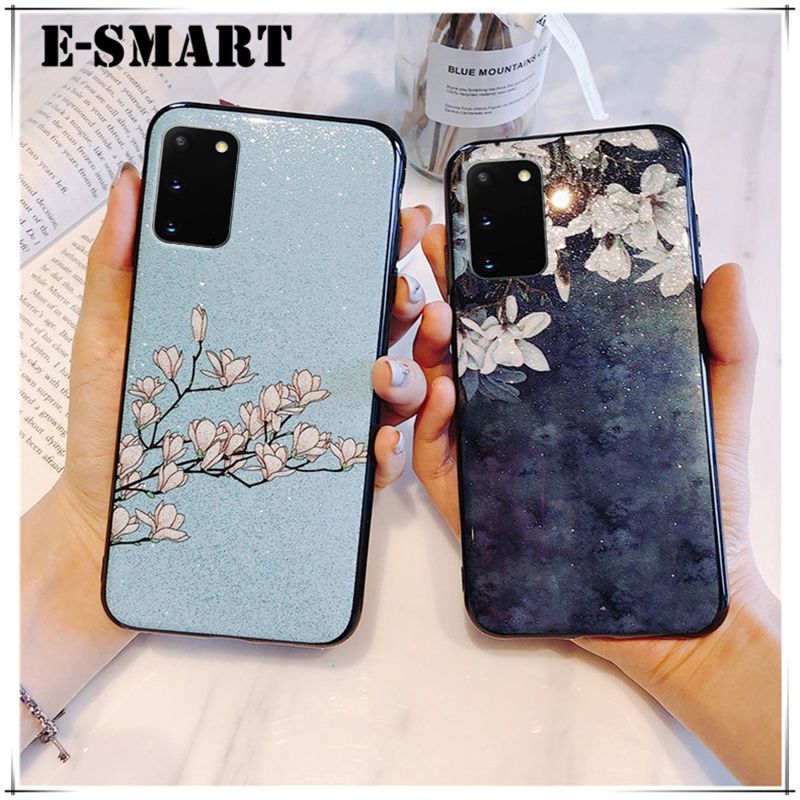 Phone case Samsung Galaxy M02S Back Cover Flowers Gardenia & Magnolia Bling Glitter Soft Silicone Protector Samsung M02S Case