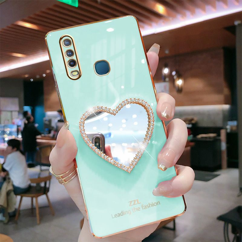 For Vivo Y17 Cover with Makeup Mirror Shiny Plating Square Bumper Girls Phone Case Soft TPU Silicone Shockproof Protective Back Cover