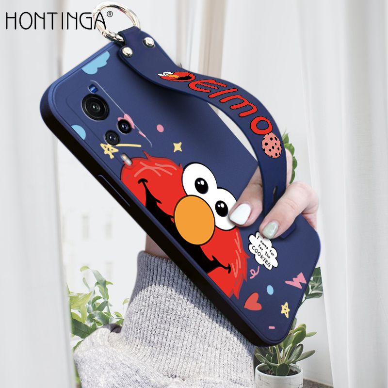 Hontinga for Vivo X60 5G Wrist Strap Case Cute Cute Cartoon Little Monster Phone Cover Square Edge Liquid Silicone Case Full Cover Camera Shockproof Protective Cases