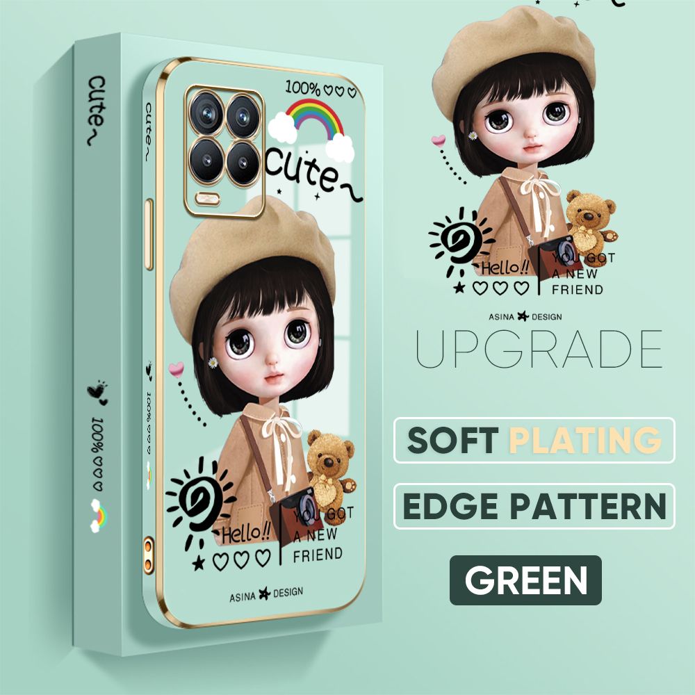 Jizetin (Free Lanyard) Realme 8 / Realme 8 Pro Cover Satchel Girl Luxury 6D Plating Soft Casing Silicone Square Frame Phone Case Shiny Bling Back Cover