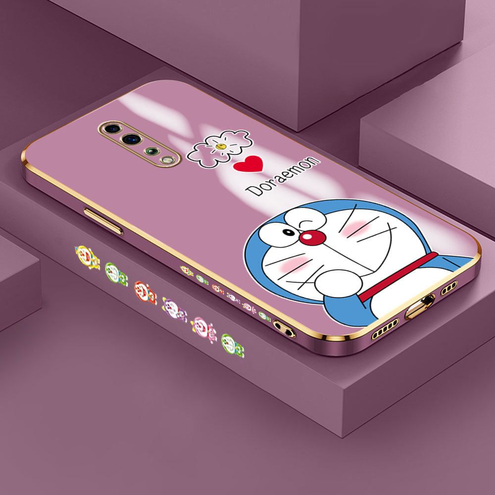 Hontinga for OPPO Reno Z Back Cover + Free Lanyard Luxury 6D Plating Grinning Cartoon Cat Side Pattern Case Soft Silicone Square Mobile Cover