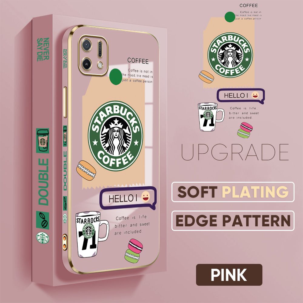Jizetin (Free Lanyard) OPPO A16K / A16e Back Cover Two Coffee Macaron Luxury 6D Plating Case Side Pattern Soft Silicone Square Mobile Phone Cases