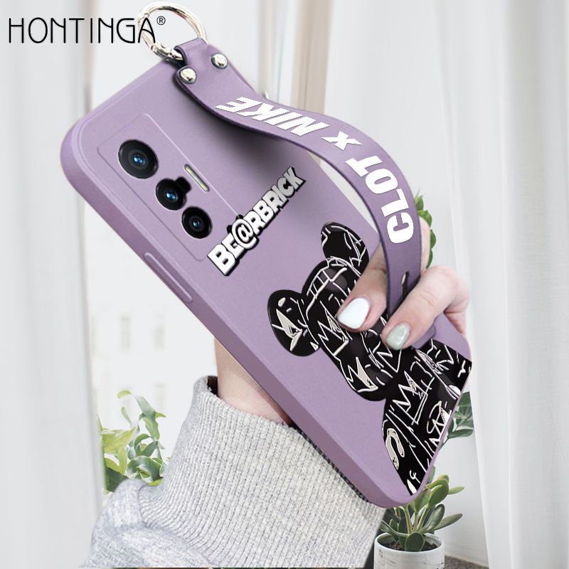 Hontinga for Vivo X70 5G Wrist Strap Case Fashion Cool Bear Cover Trend Square Printed Pattern Liquid Silicone Phone Case