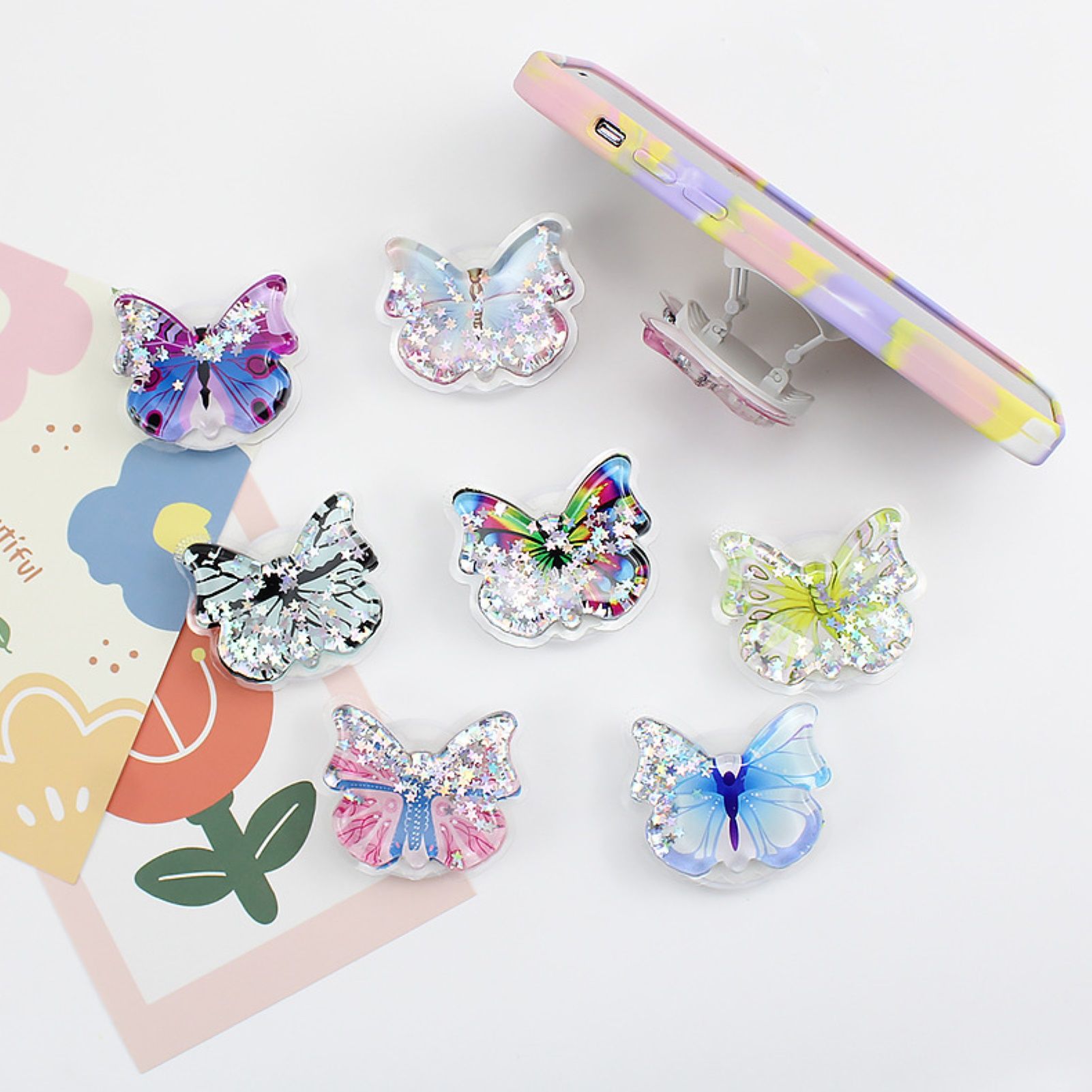 Mobile Phone Finger Stand Reusable Butterfly Quicksand Phone Griptok Lazy Bracket