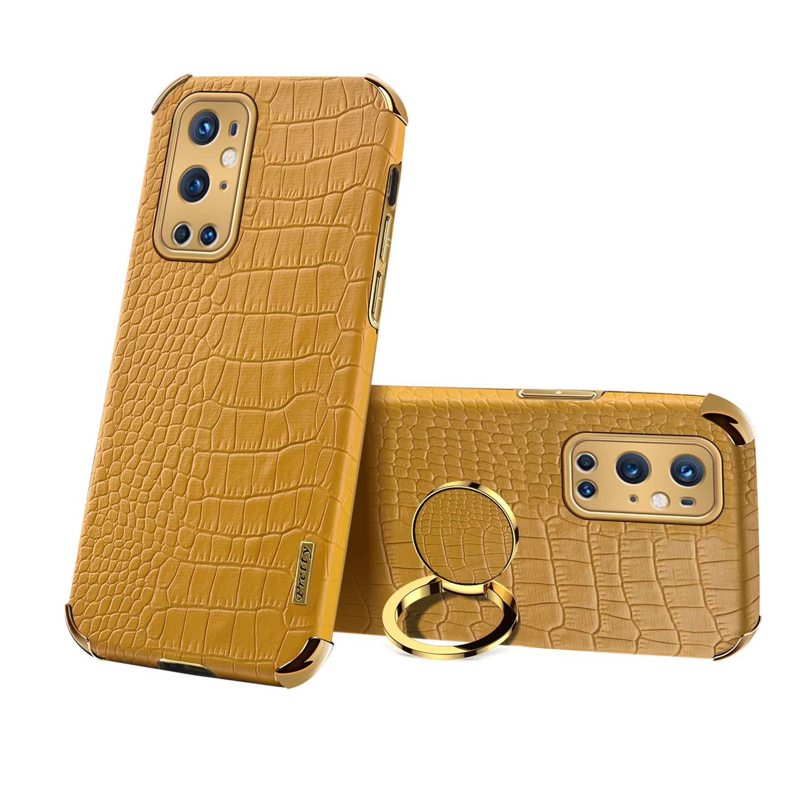 Luxury Plated Crocodile Pattern Leather Holder Phone Case For OnePlus 9 Pro Magentic Car Ring Stand Cover