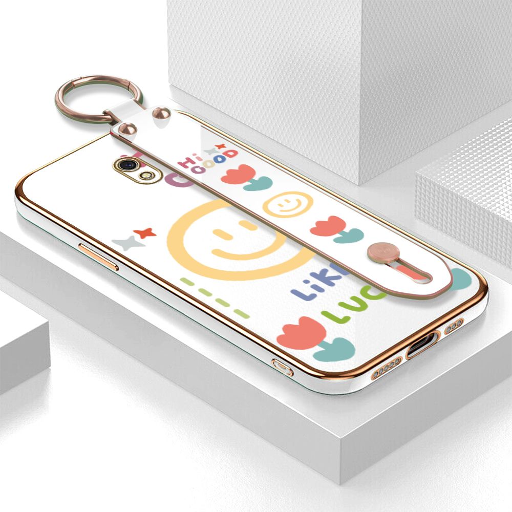 ZeroQiQi for Redmi 8A Wrist Strap Back Cover Flower Smiley Fashion Luxury 6D Plating Soft Casing Silicone Square Frame Phone Case