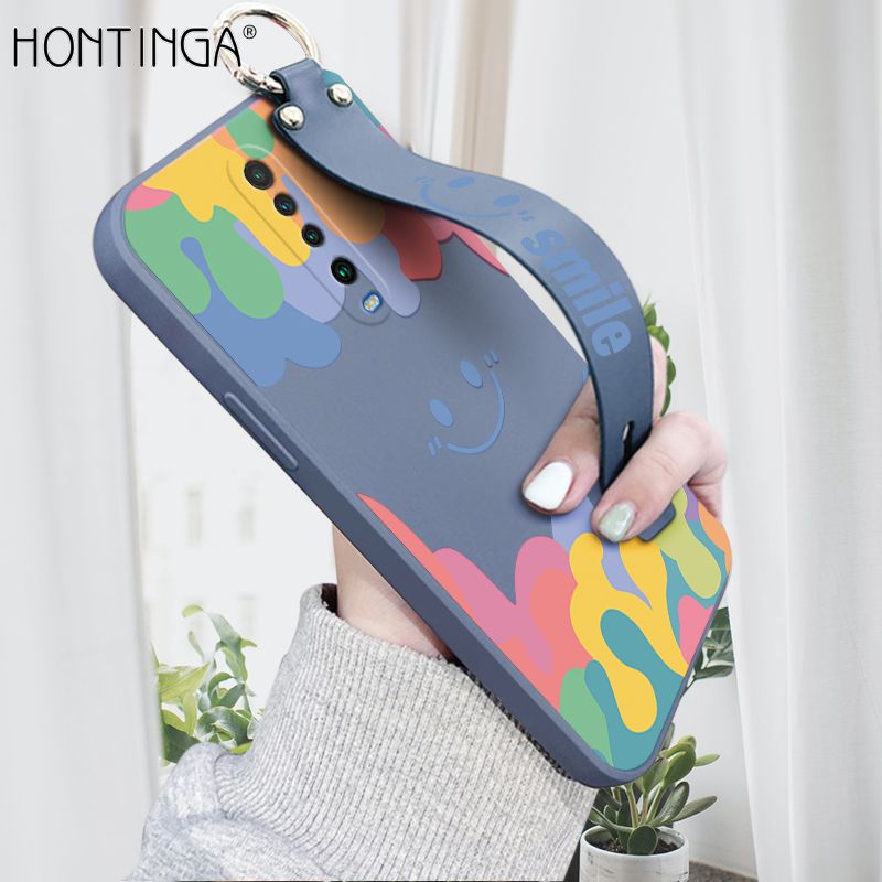 Hontinga for Xiaomi Poco X2 Wrist Strap Case Soft Candy Color Splash Ink Cover Trend Square Printed Pattern Liquid Silicone Phone Case