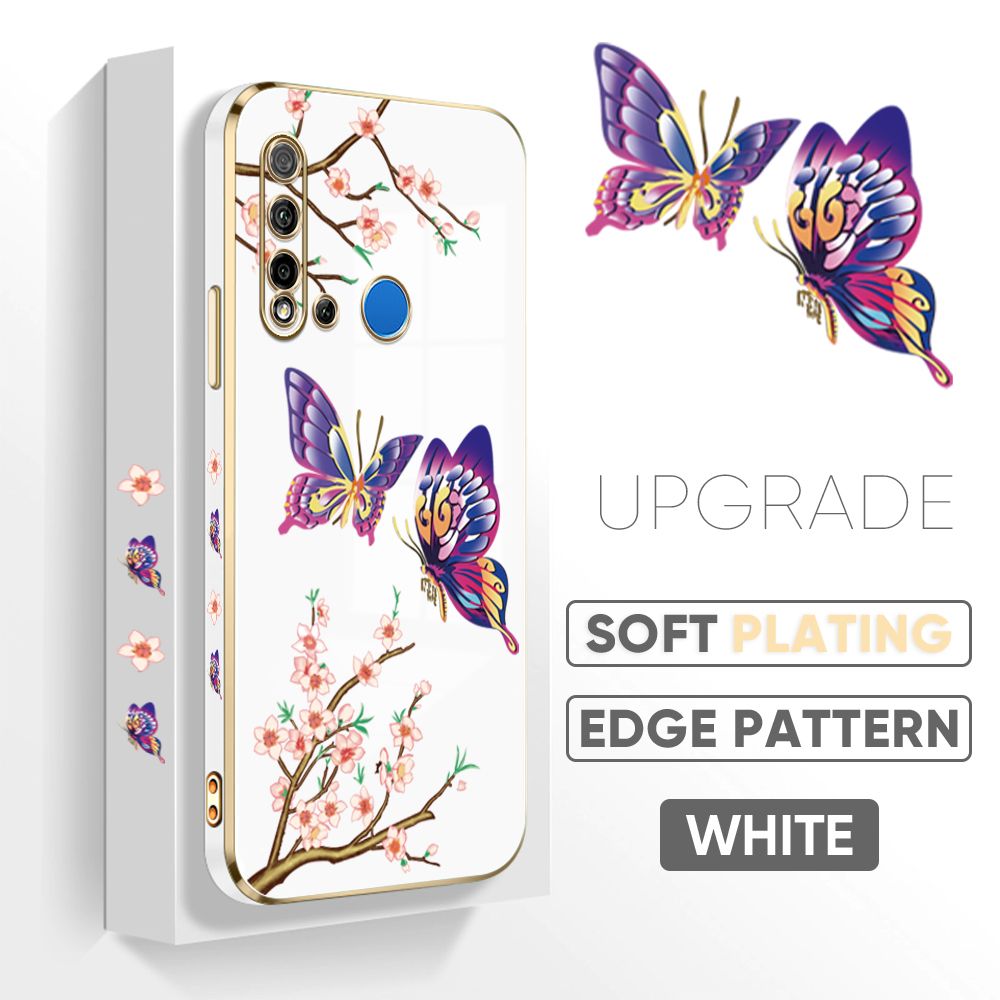 Jizetin (Free Lanyard) Huawei Nova 5I / P20 Lite 2019 Back Cover Peach Blossom and Butterfly Luxury 6D Plating Case Side Pattern Soft Silicone Square Mobile Phone Cases