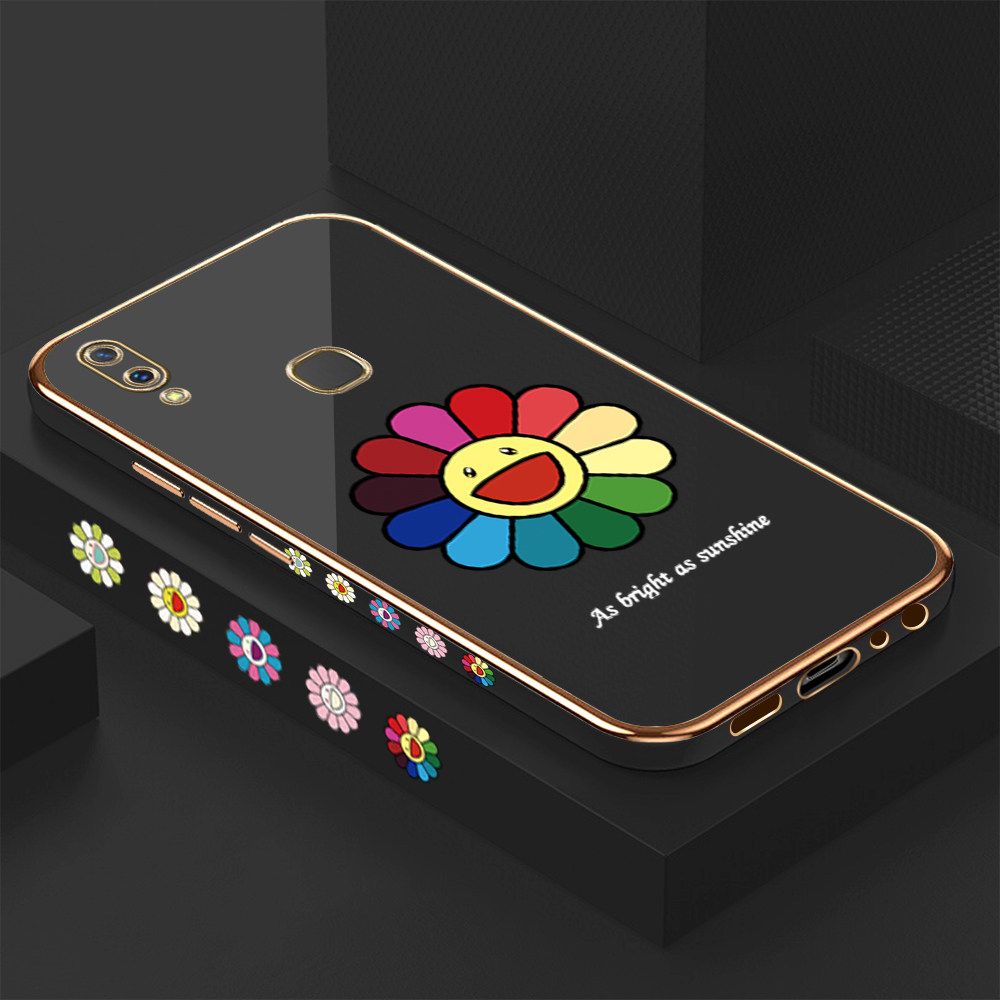 Luxury 6D Plating Case for Vivo Y85 Colored Sunflower Side Pattern Back Cover Soft Silicone Square Frame Shiny Bling Phone Cases + Free Lanyard