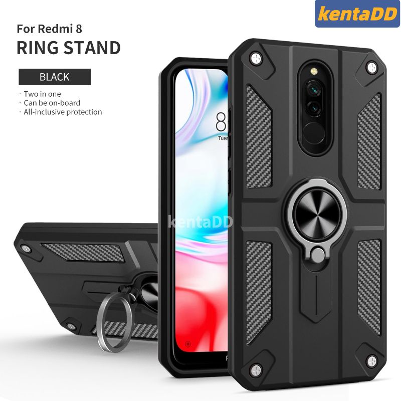 kentaDD for Xiaomi Redmi 8 Luxury Shockproof Ring Stand Fiber Pattern Silicone Case Phone Full Back Cover Cases Impact Resistant Personality Casing