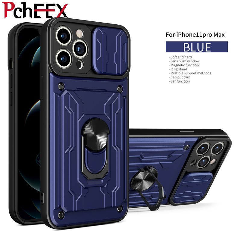For Apple iPhone 11 Pro Max Phone Case, Hard Armor Camera Protection Cover Ring Stand Card MultifunctionalCasing