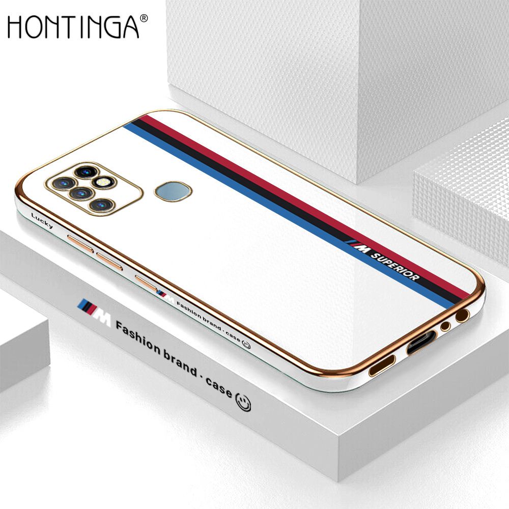 Hontinga for Infinix Hot 10 Back Cover + Free Lanyard Luxury 6D Plating Fashion Racing Side Pattern Case Soft Silicone Square Phone Cases