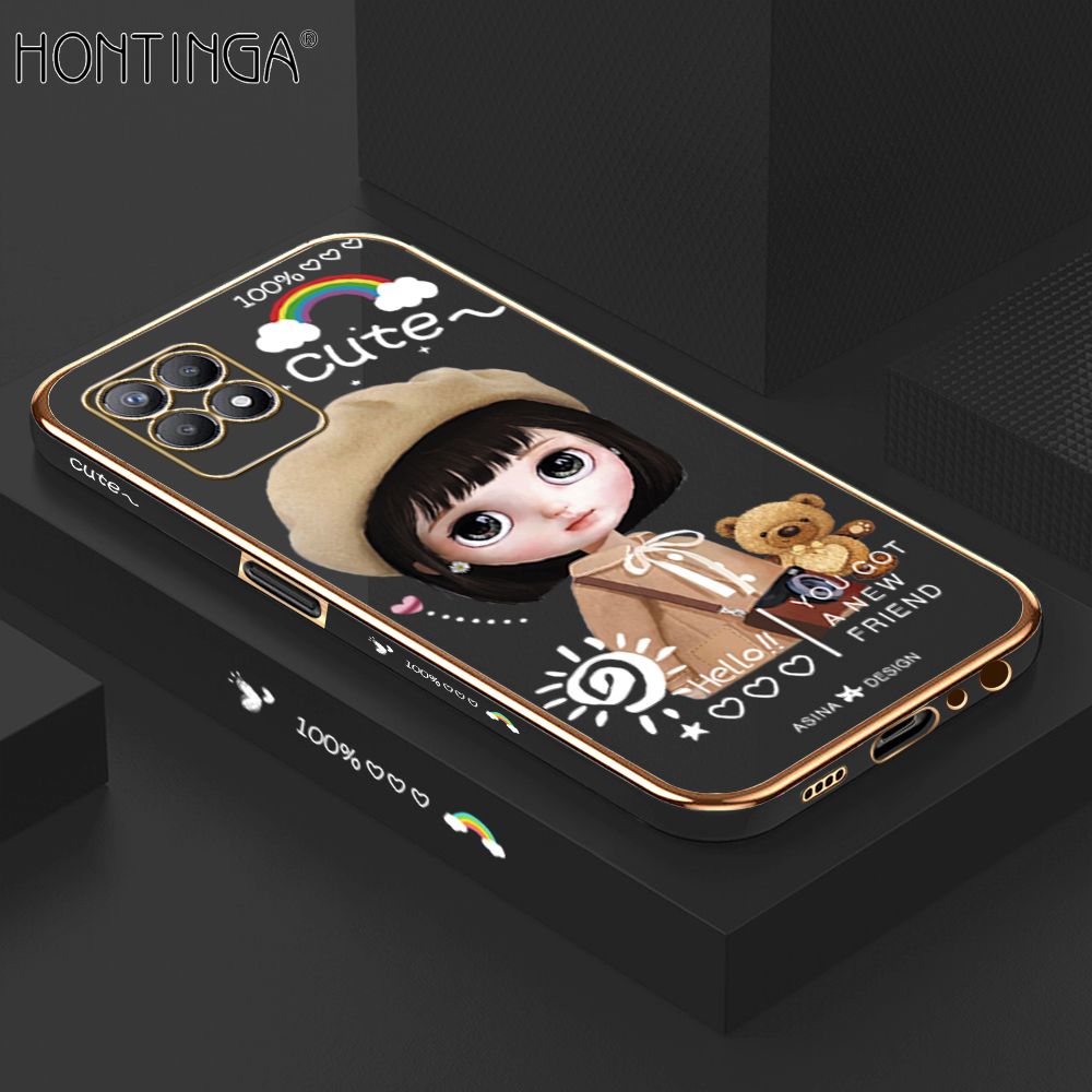 Hontinga for Realme 8I / Narzo 50 Back Cover + Free Lanyard Luxury 6D Plating Cartoon Satchel Girl Side Pattern Case Soft Silicone Square Phone Cases