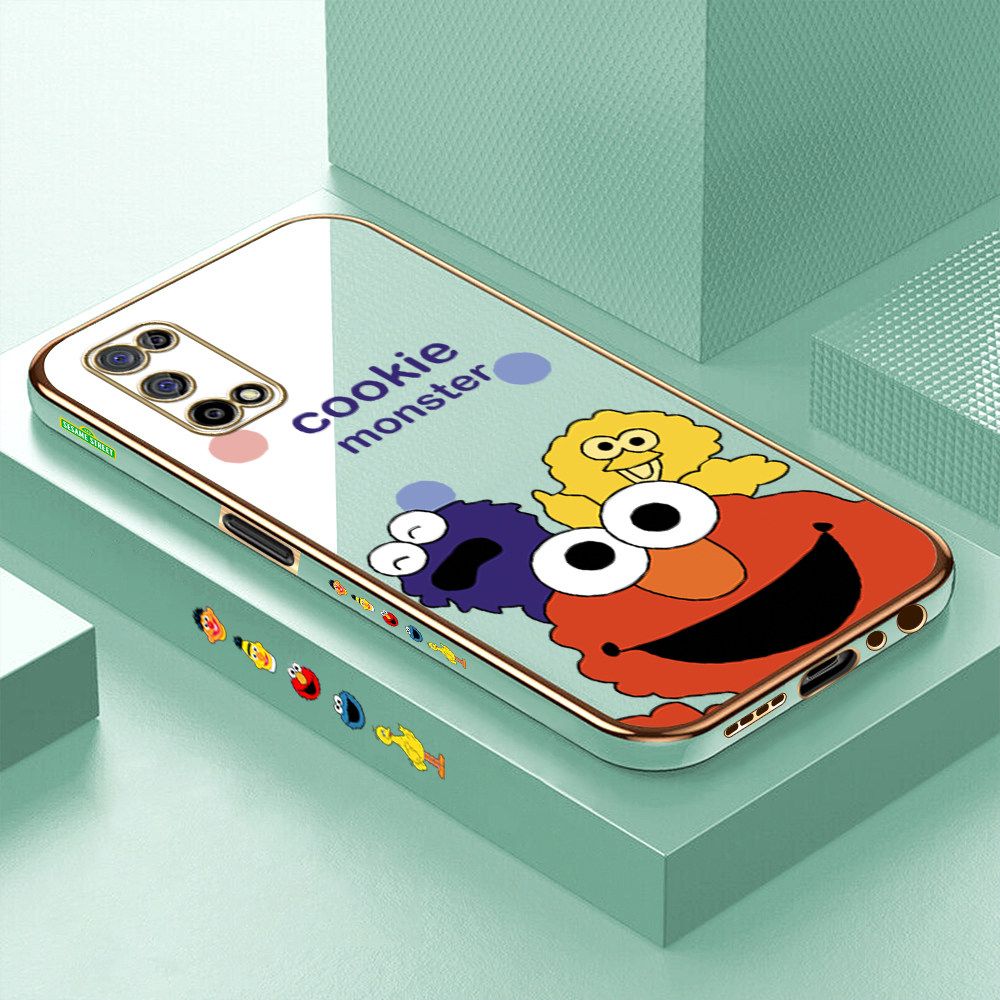 Luxury 6D Plating Case for Realme 7 5G Color Cute Cartoon Sesame Monsters Side Pattern Back Cover Soft Silicone Square Frame Shiny Bling Phone Cases + Free Lanyard