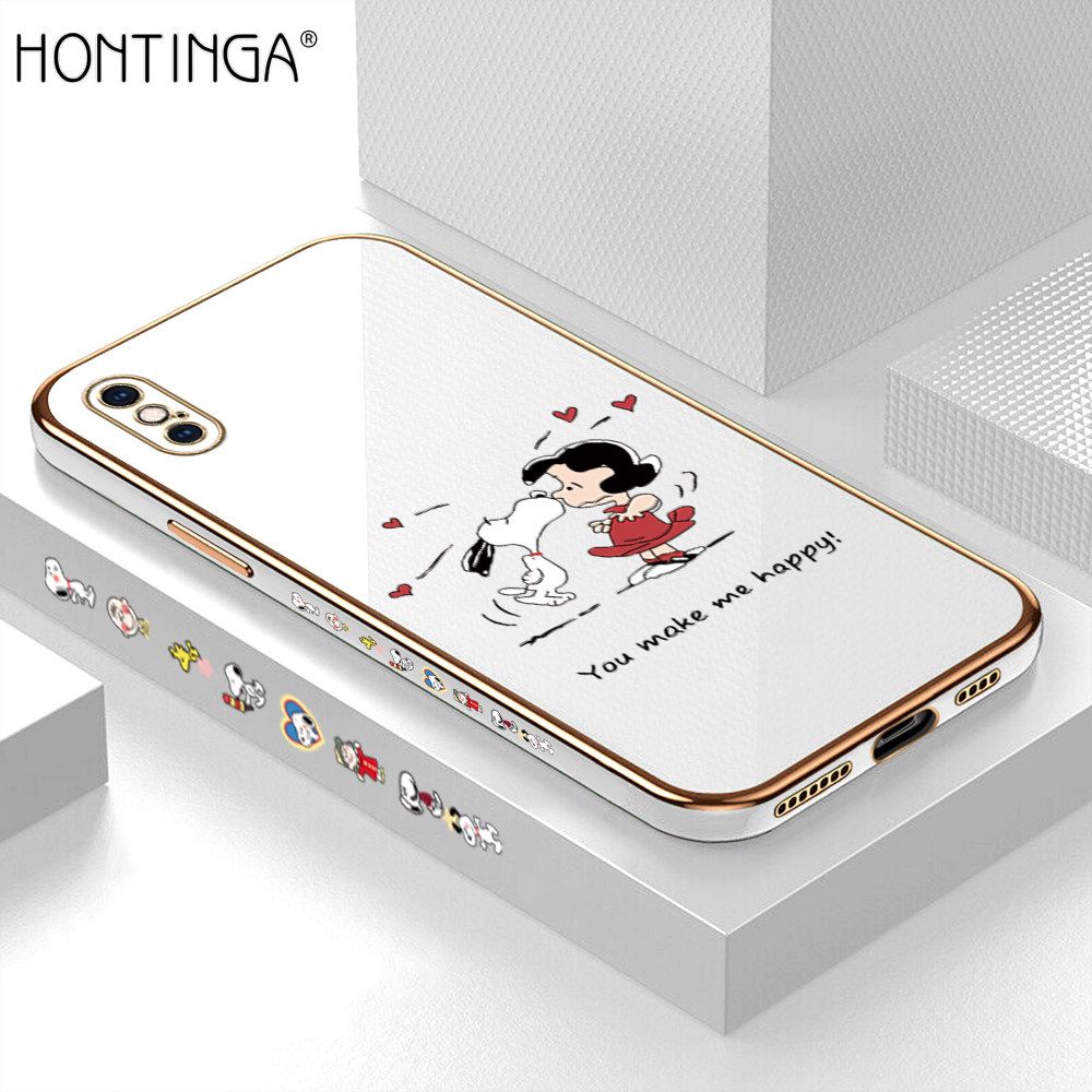 Hontinga for iPhone XS MAX Back Cover + Free Lanyard Luxury 6D Plating Happy Puppy and Girl Side Pattern Case Soft Silicone Square Mobile Cover