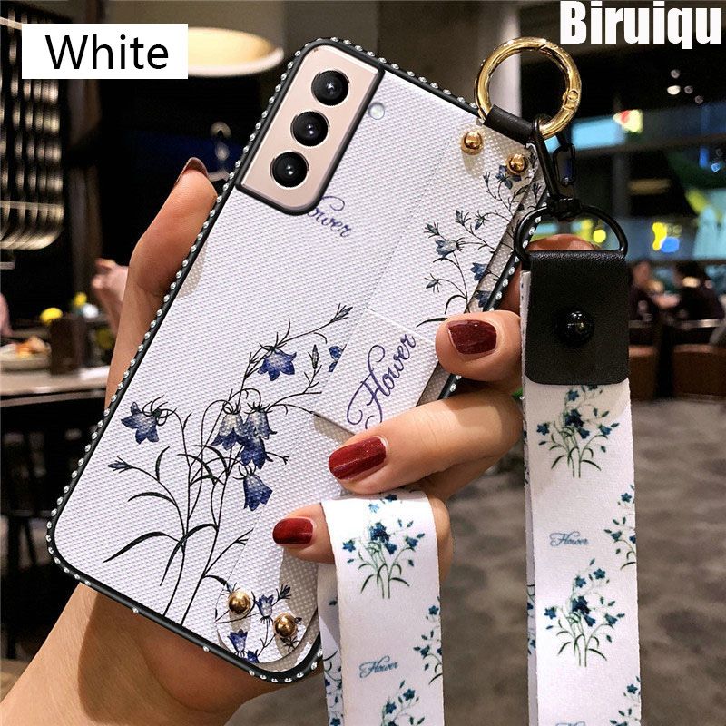 Biruiqu For Samsung Galaxy S21 S21 Plus S21 Ultra Soft Case Patterned Flower Matte Phone Case With Lanyards