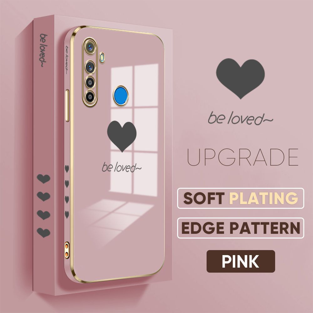Jizetin (Free Lanyard) Realme 5i 5 5S / Realme 6i Cover Love Luxury 6D Plating Soft Casing Silicone Square Frame Phone Case Shiny Bling Back Cover