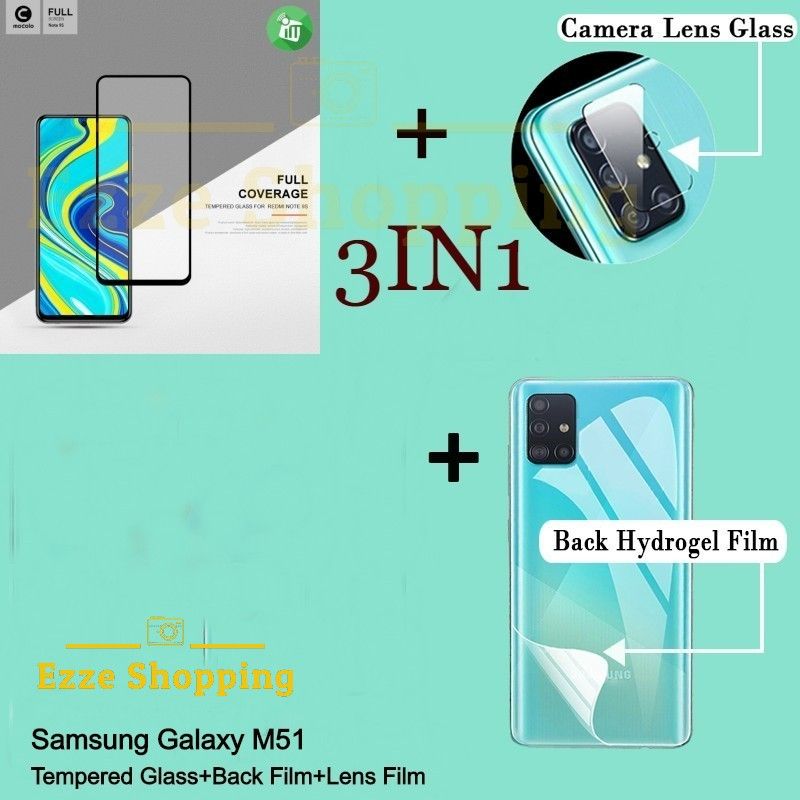 Samsung galaxy m51-(3ইন1)-প্রিমিয়াম গুণমানের ফুল কভার গ্লাস HD ক্লিয়ার টেম্পার্ড গ্লাস স্ক্রিন প্রোটেক্টর, ব্যাক সাইড প্রোটেক্টর ফিল্ম, ক্যামেরার লেন্স প্রোটেক্টর...