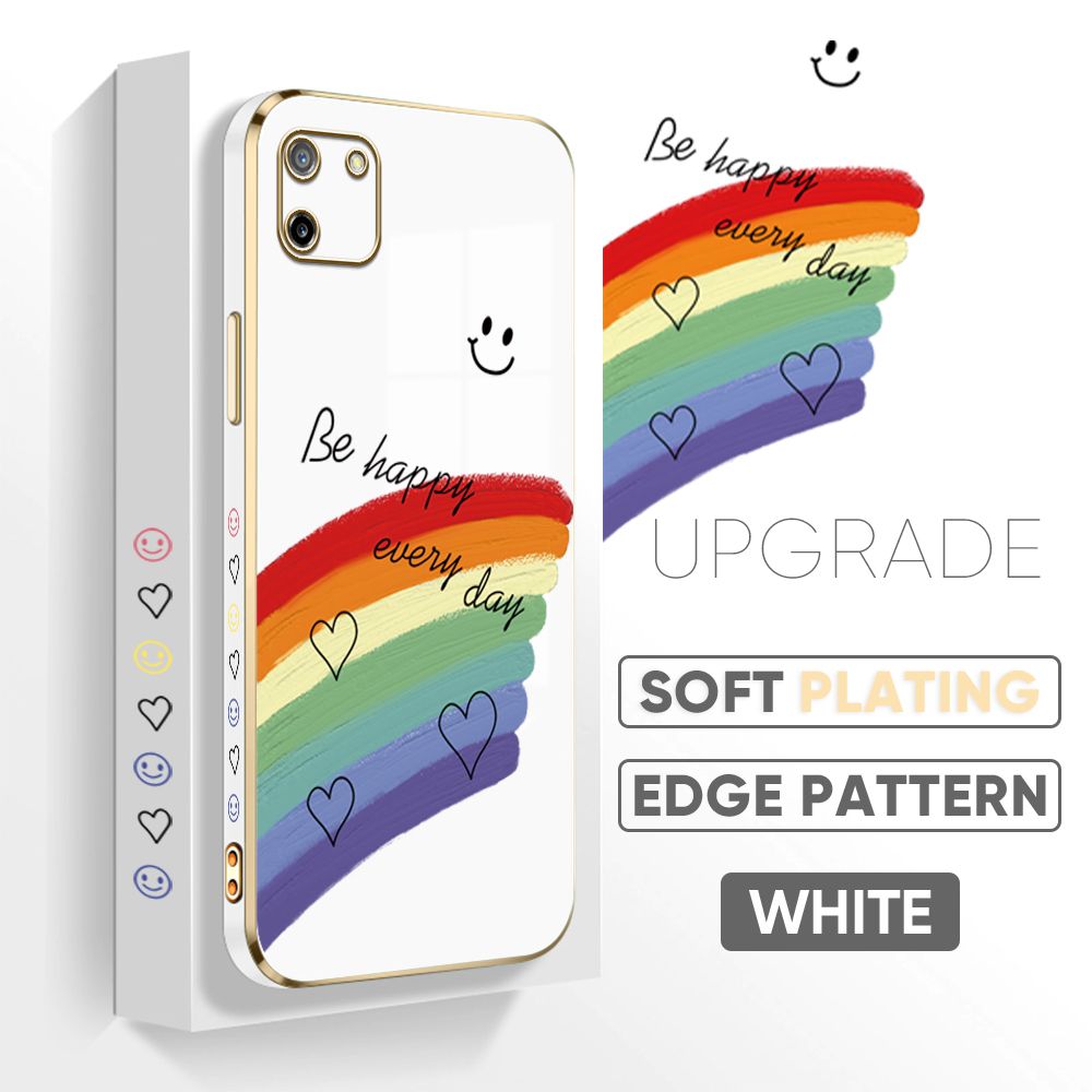 Jizetin (Free Lanyard) Realme C11 Back Cover Rainbow Luxury 6D Plating Case Side Pattern Soft Silicone Square Mobile Phone Cases