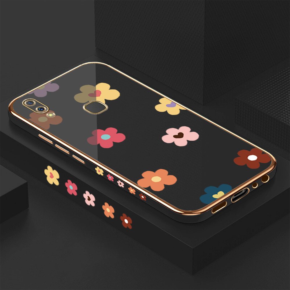 Luxury 6D Plating Case for Vivo V9 Color Cartoon Flowers Side Pattern Back Cover Soft Silicone Square Frame Shiny Bling Phone Cases + Free Lanyard