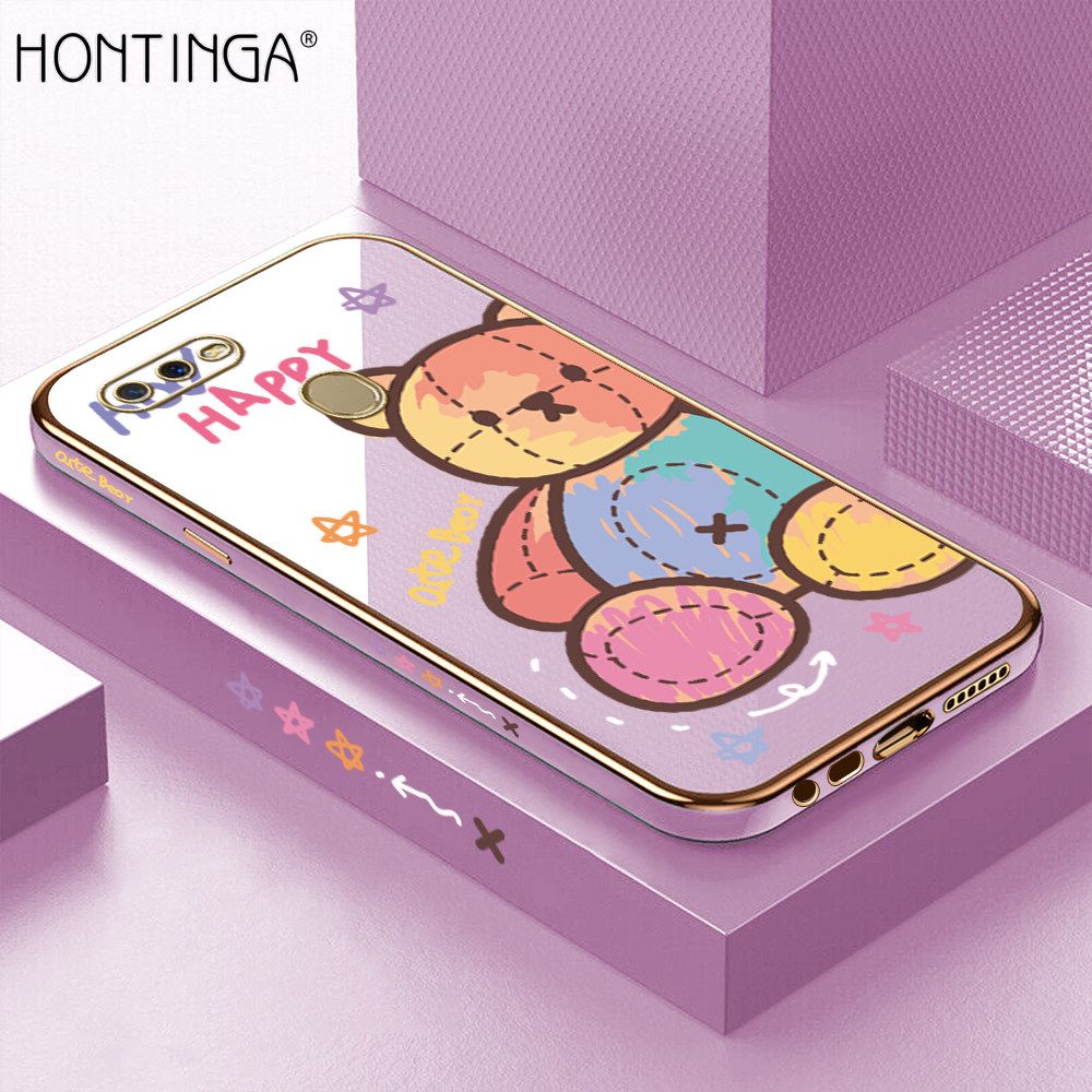 Hontinga for OPPO A5S A7 A12 A12S Back Cover + Free Lanyard Luxury 6D Plating Alphabet Rainbow Side Pattern Case Soft Silicone Square Mobile Cover