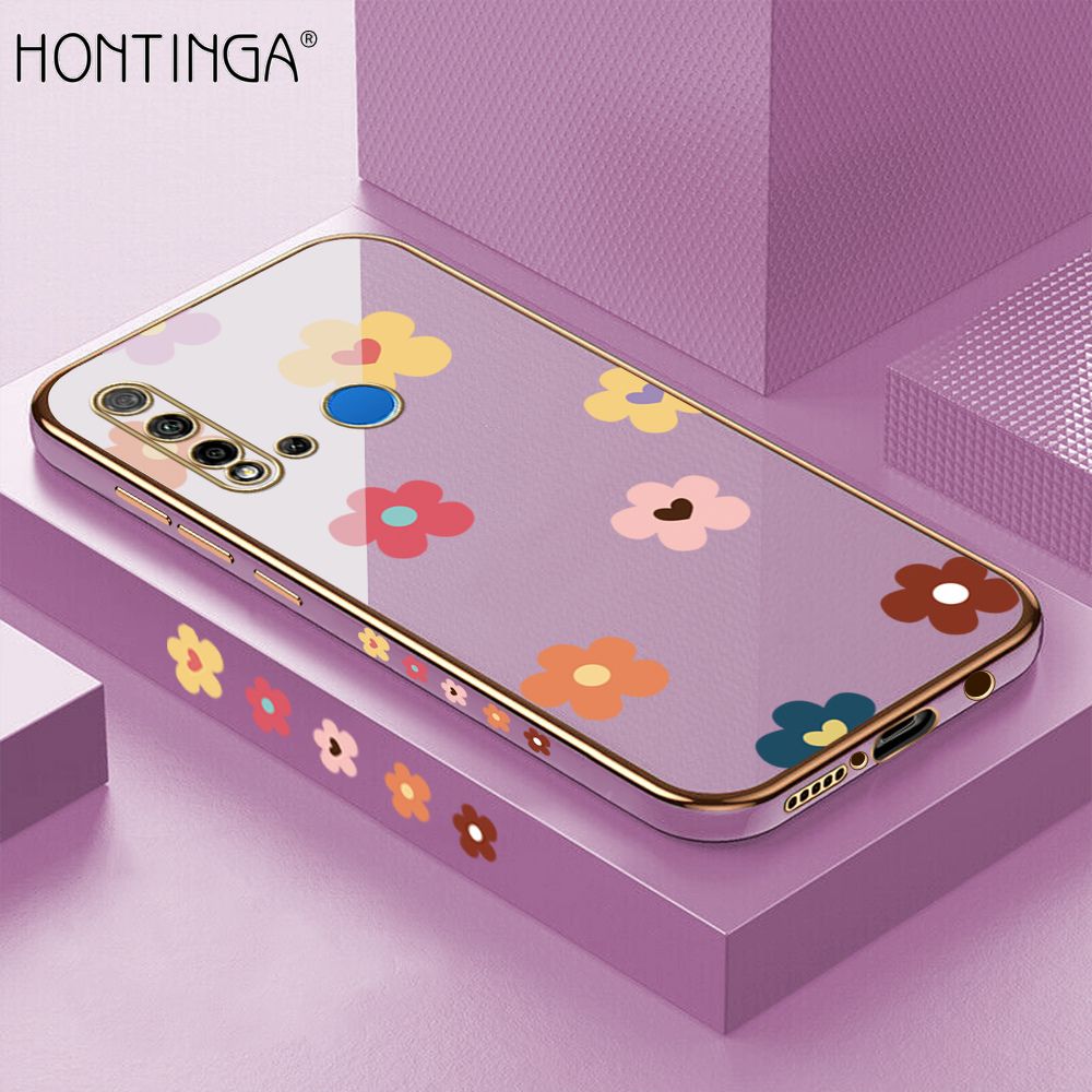 Hontinga for Huawei Nova 5I Case Luxury 6D Plating Color Cartoon Flowers Side Pattern Soft Back Cover Silicone Square Phone Cases