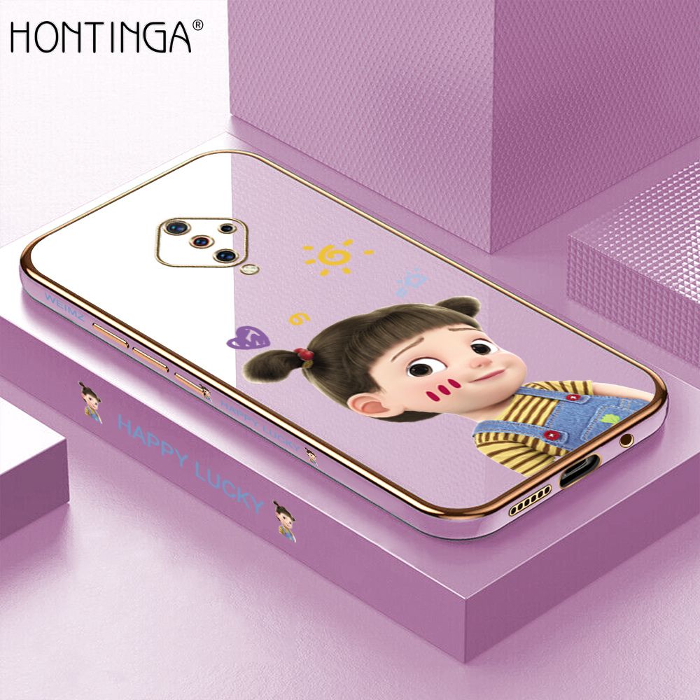 Hontinga for Vivo S1 Pro Back Cover + Free Lanyard Luxury 6D Plating Cute Cartoon Happy Girl Side Pattern Case Soft Silicone Square Phone Cases