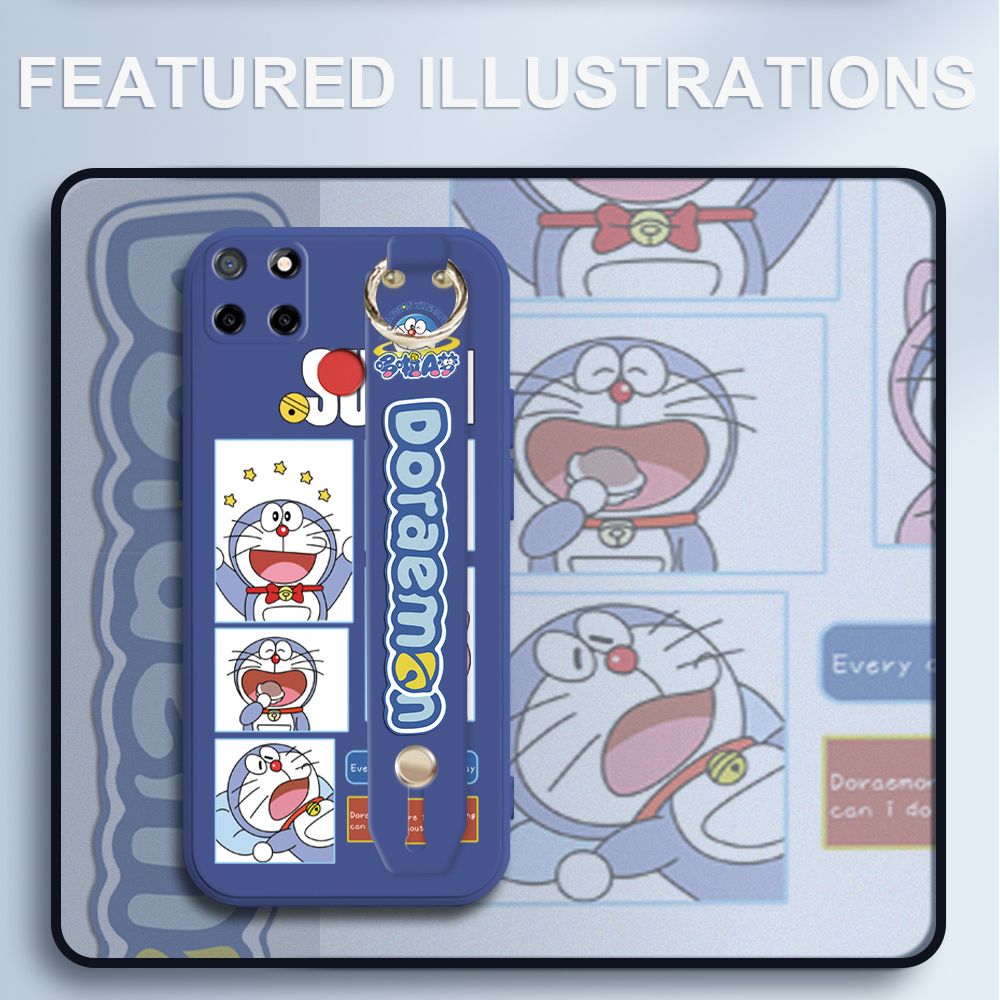 UCUC for Realme Narzo 20 Wrist Strap Case Creative Cartoon Doraemon's Daily Life Cover Ultra Thin Anti Fall Liquid Silicone Phone Case