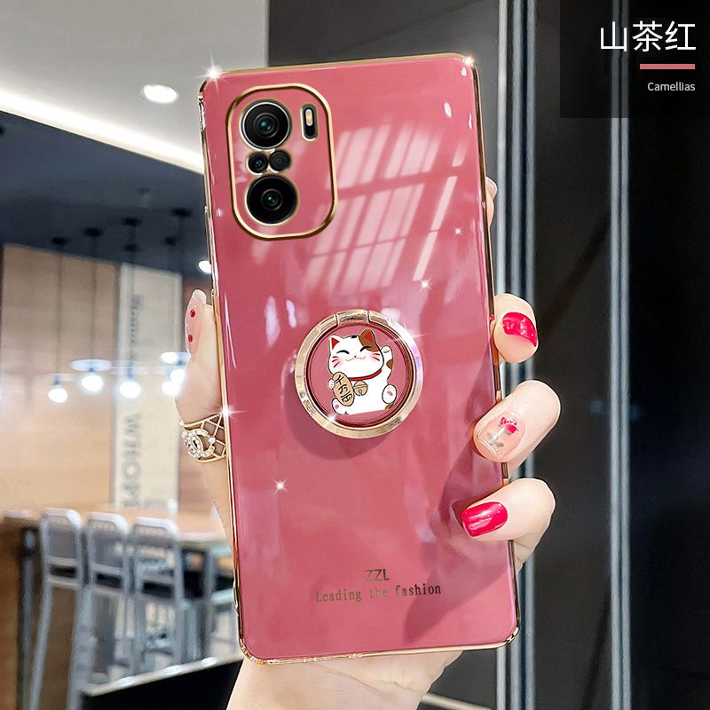 For Xiaomi Mi 11X Cover + Ring Holder Stand Shiny Plating Square Bumper Phone Case Lens Protection Soft Silicone Shockproof Protective Back Cover
