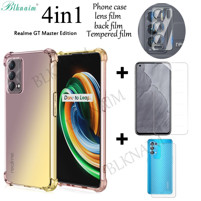 BLKNAIM (4-in-1) For Realme GT Master Edition Case Anti-fall Color Mobile Phone + HD Full Screen Tempered Glass Film + Carbon Fiber Back Film + Lens Film