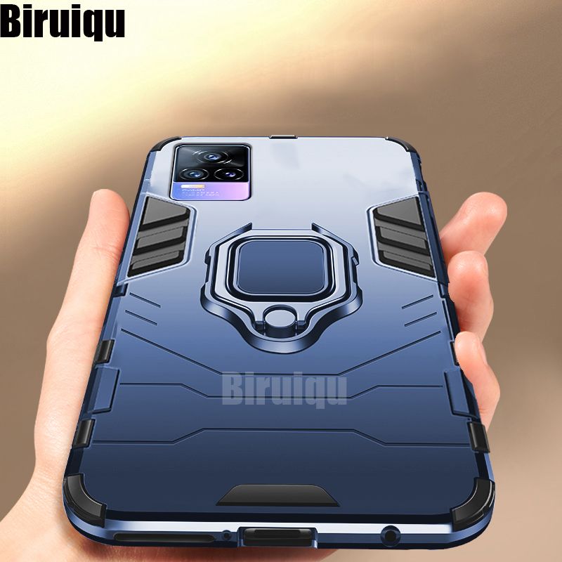 Biruiqu For VIVO V21e Soft TPU+Hard PC Black Panther Shockproof Slim Protective Case Cover with Kickstand